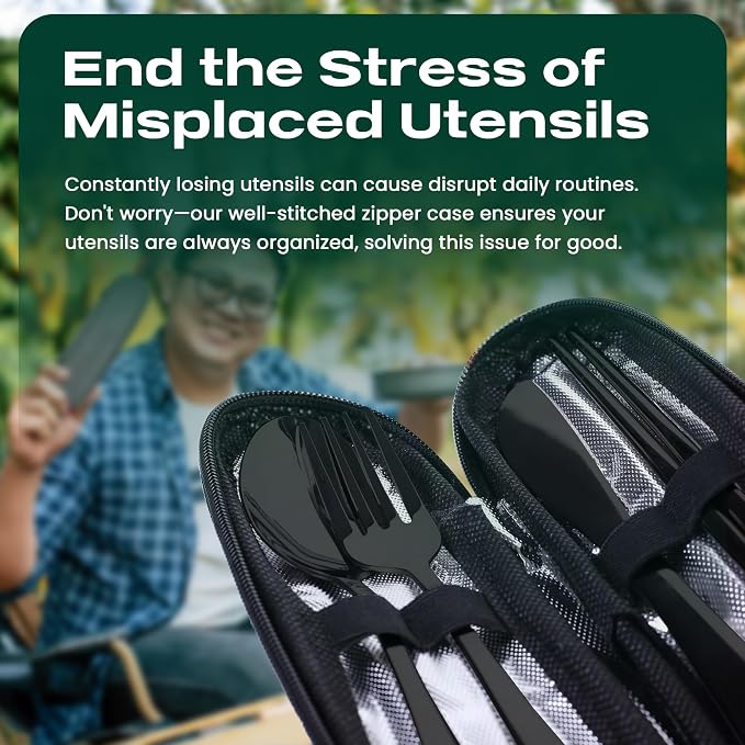 Taplord Portable Travel Silverware Set With Case, Includes 5 Pcs of Travel Utensils With Case, Stainless Steel Flatware Set For Camping, Easy to Travel, Lightweight (Black), Medium, TL-05B