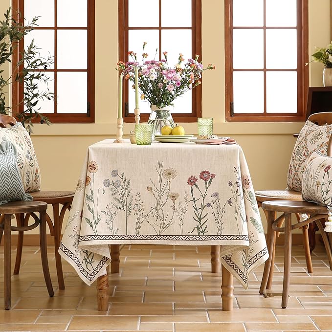 ISAENNE Designer Off White Linen Square Tablecloth,Floral Elegant Table Cloth,Stain Resistant Vintage Decor Tablecloths for Dining Thanksgiving Kitchen Christmas Party,67"*67"-Serenity G
