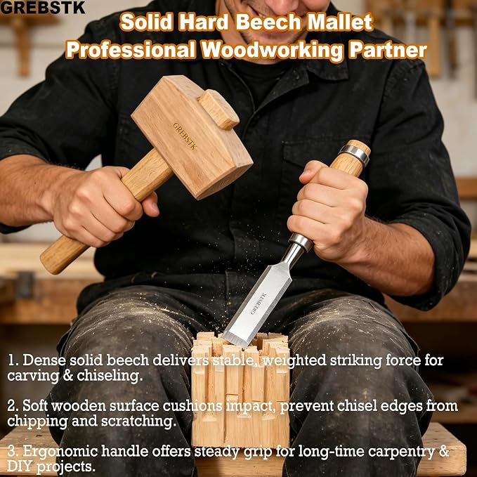 GREBSTK Polished Solid Beech Wood Mallet for Home Bartending & Workshop | Polished Oiled Finish, Stain & Moisture Resistant, Wipes Clean With Ease, Smooth Comfortable Grip, Durable Protective Coat