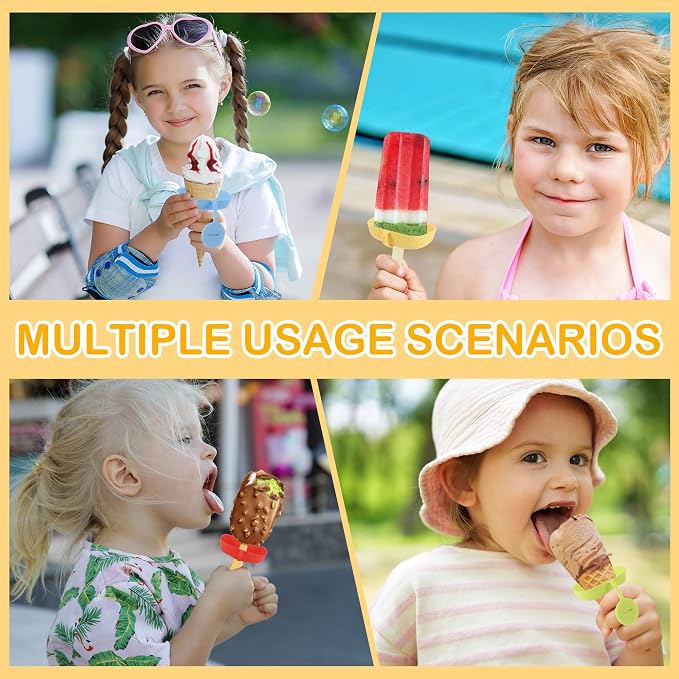 4 Pcs Silicone Drip Free Popsicle Holder for Kids, Reusable Popsicle Drip Catcher, Thick Ice Lolly Holder, Ice Cream Holder, Ice Lolly Drip Catcher for Cones ＆Popsicles (Red Green Blue Yellow)