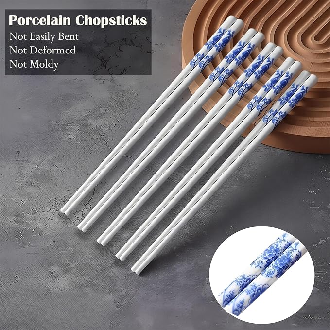 Ceramic Chopsticks Reusable 5PC,Porcelain Chop Sticks,Blue White,9.7'' | Easy to Clean,Dishwasher Safe,Heat Resistant,5 Pairs,with a Gift case,Cooking Chopsticks,High-grade Bone China Porcelain