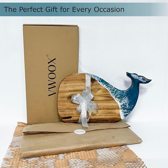 Whale Serving Board - Acacia Wood with Ocean-Inspired Epoxy (15" x 7.9"), Cute Charcuterie Cheese Tray, Unique Kitchen Décor, Cutting Board Gift for Women, Home or Party Use