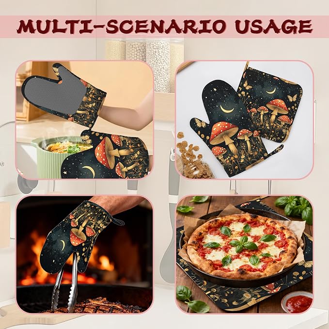 Magic Mushroom Heat-Resistant Silicone Oven Mitts and Pot Holders,Butterfly Moon Long Oven Gloves with Non-Slip Grip for Cooking, Baking, Grilling,BBQ