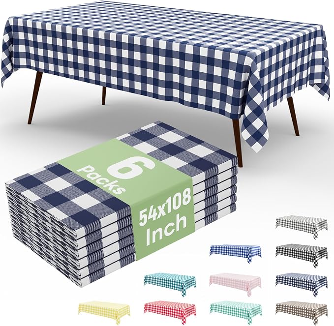 6 Packs Buffalo Disposable Table Cloth, 54 x 108 Inch Waterproof Plastic Tablecloth, Rectangle Navy and White Checkered Table Covers for Picnic, Birthday, Party, Back to School