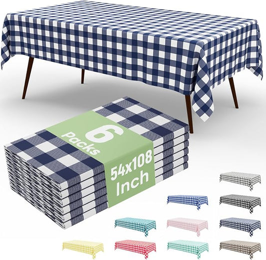 6 Packs Buffalo Disposable Table Cloth, 54 x 108 Inch Waterproof Plastic Tablecloth, Rectangle Navy and White Checkered Table Covers for Picnic, Birthday, Party, Back to School