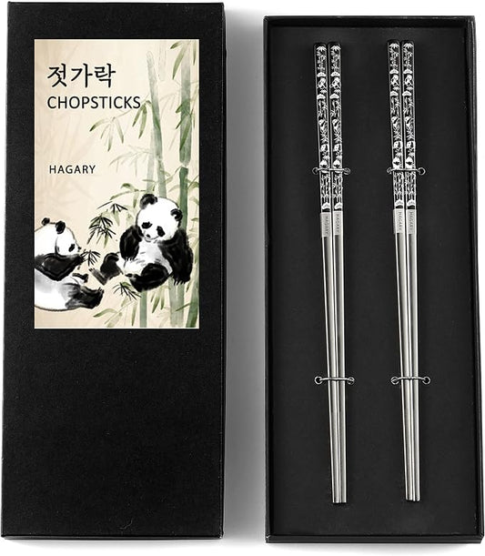 Hagary Panda Black Chopsticks Metal Chopsticks Reusable Designed In Korea Japanese Style Stainless Steel 316 18/10 Non-Slip Dishwasher Safe (Black - 2 Pairs)