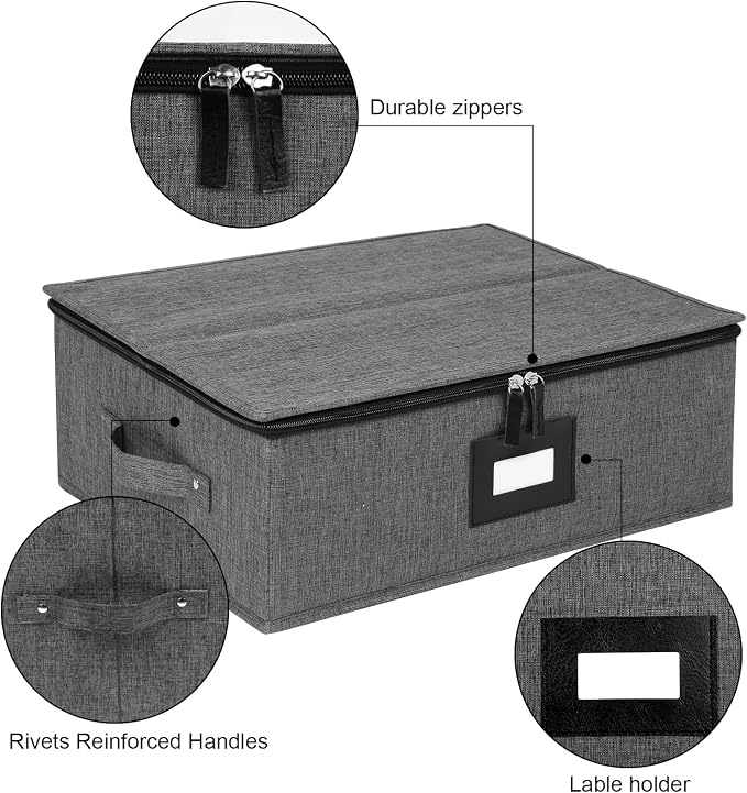 Mug Storage Box with Dividers 2 Pack, Hard Top Cup Storage for Coffee Mug | Stackable Coffee Mug Storage Box with Zipper Lid & Rivet Reinforced Handles (17"L x 13"W x 6" Black)