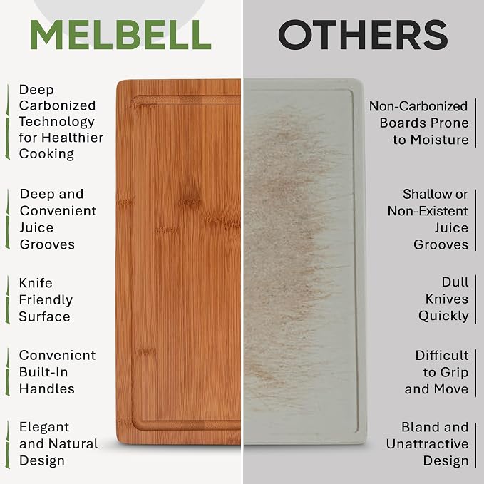 MelBell Bamboo Cutting Board Set Of 3 for Kitchen - Wooden Chopping Boards with Juice Groove - Wood Serving Board for Meat, Vegetables, Cheese