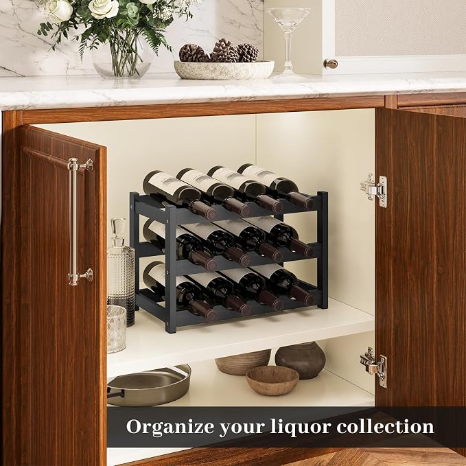Wine Rack，Bamboo Wine Storage Cabinet Shelf，Countertop Wine Shelf- Freestanding Wine Holder for Kitchen & Pantry (Black, 3-Tier)