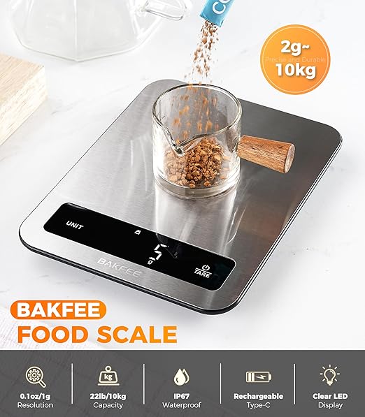 Waterproof Kitchen Food Scale, 1g/22lb, IP67, Rechargeable, Black | Premium Stainless Steel & Tempered Glass, Clear LED Display, with 6 Units, Tare, Ideal for Cooking, Making Sourdough Bread