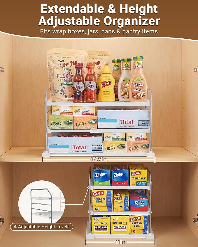 EVERIE Extendable 3-Tier Kitchen Cabinet & Pantry Organizer for Plastic Wrap, Foil & Storage Bags, Adjustable Heavy Duty Shelf Rack for Wrap Boxes, Jars & Snack Boxes (11–16.7 in Wide), Pack of 1