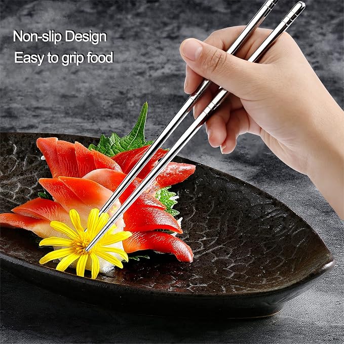 Stainless Steel Chopsticks, Metal Alloy Chopstick, Reusable Non-slip Design Chop Sticks, 5 Pairs Gift Set,Silver