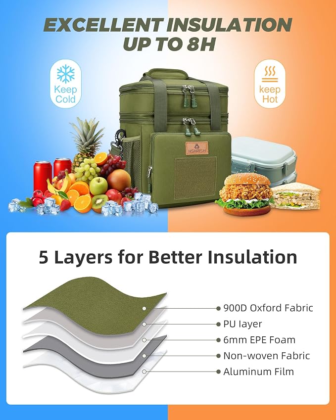 HSHRISH Expandable Large Tactical Lunch Box for Adults, Durable Insulated Lunch Bag with Lots of Storage Space, Cooler Bag for Men Women Work Outdoor Picnic Trip, 16 L, Black