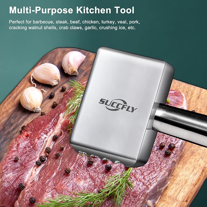 SUCCFLY Stainless Steel Meat Tenderizer Tool, Heavy Duty Meat Mallet 1.65LB | Dual-Sided Weighted Meat Pounder Hammer with Extended handle, Effortless Tenderizing Chicken Steak Poultry, Dishwasher Safe