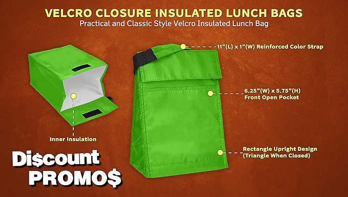 DISCOUNT PROMOS 10 Hook and Loop Insulated Lunch Bags Set - Polyester, Durable, Vibrant, Reusable - Green