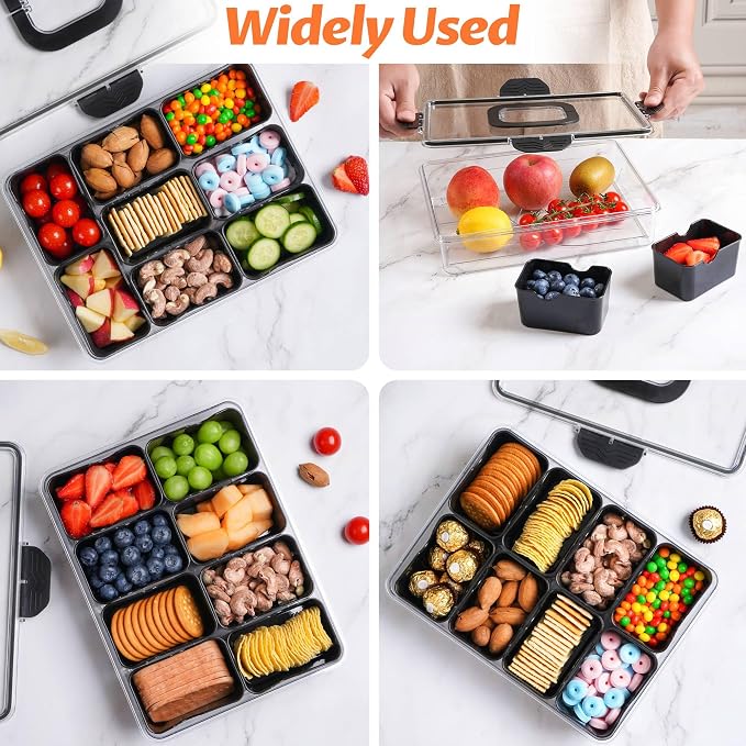 Snackle Box Container Dishwasher Safe Divided Serving Tray with Lid Handle | Charcuterie Board for Portable Snack Platters, Organizer for Fruits Snacks, Perfect for Road Travel - Black