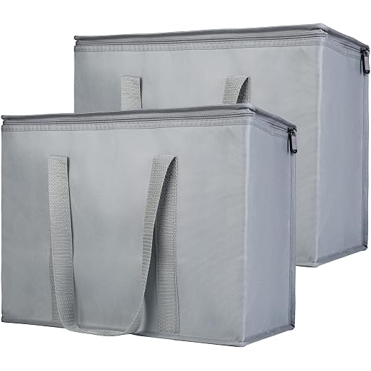 Bodaon Insulated Reusable Grocery Shopping Bags, 2-Pack, X-Large, Grey | Picnic Cooler Bag Top Cold/Warmer, Heavy Duty Insulated Food Delivery Bag, For Commercial Catering Rideshare Driver, Foldable