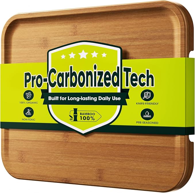 Deep-Carbonized Bamboo Cutting Board, 17 x 12 Inch | FSC-Certified 0.8 IN Bamboo | Extra-Large Space, Sloped Juice Groove, Reversible Serving Side, Sauce Well & Grip Handles