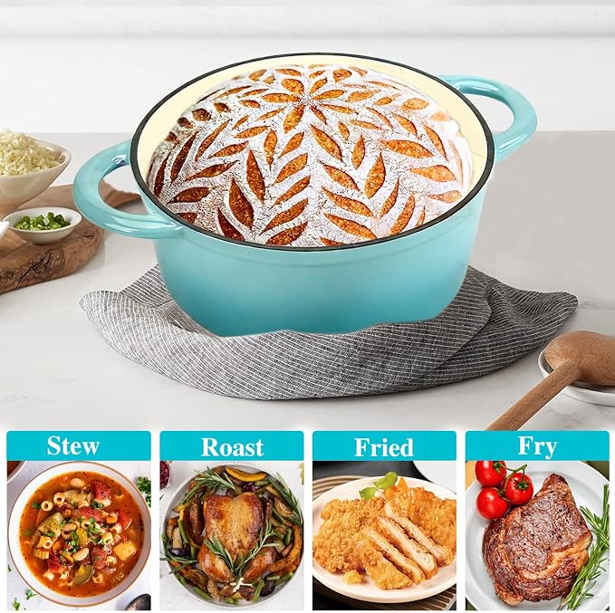 Enameled Cast Iron Dutch Oven with Lid, 6QT Heavy-Duty & Non-Stick Cookware Pot for Braising, Stews, Roasting, Bread Baking - Oven & Stovetop Safe