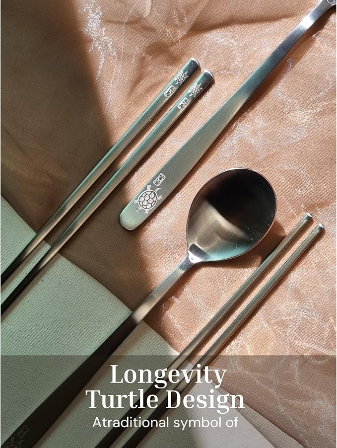ONGI Korean Spoon and Chopsticks Set, Flat Korean Chopsticks, Premium 18/10 Stainless Steel, Turtle Symbol Design, Made in Korea, Dishwasher Safe, Meaningful Korean Gift (TT Silver 2 Set)