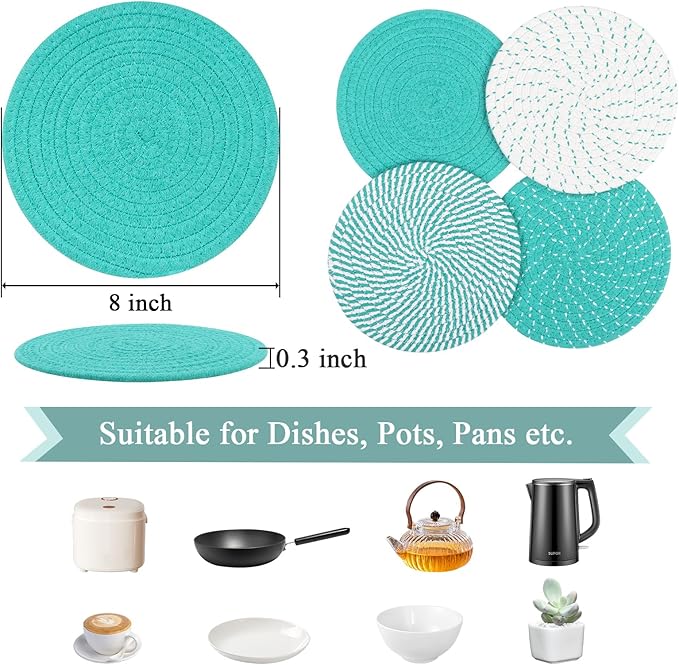 SHACOS 8 Inches Trivets for Hot Dishes, 4 Pieces Cotton Trivets Mats for Kitchen, Hot Pads for Countertops and Table, Heat-Resistant Pot Holders for Hot Pots and Pans(Teal Blue, 4pcs)