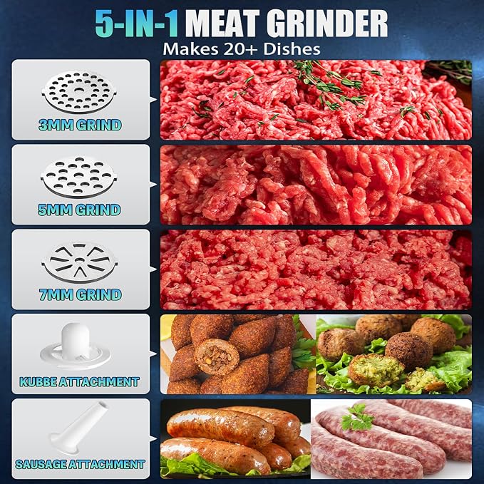 5.0 Upgrade Electric Meat Grinder,3S Grinding,Meat Grinders for Home Use-B | 【3500W Super Motor】【3 Sets 304 Stainless Steel Blade & Plate】Meat Grinder with Kubbe&Sausage Kit Perfect for Kubbe,Sausage