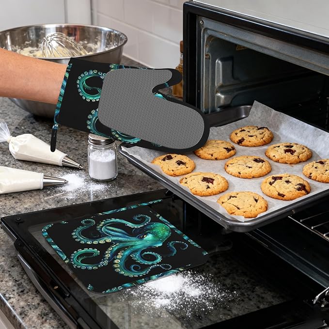 Octopus Silicone Oven Mitts and Pot Holders,Heat-Resistant 4 Piece Kitchen Set Non-Slip Oven Gloves and Hot Pads for Cooking, Baking, Grilling,BBQ