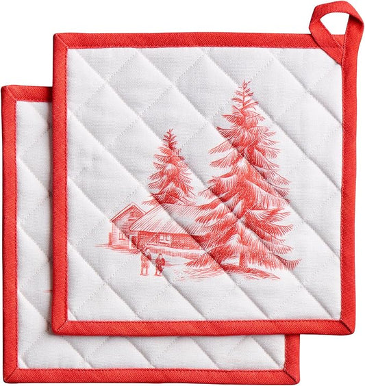 Maison d' Hermine Pot Holders 100% Cotton Potholders (8" x 8", Pack of 2) | Heat Resistant Hot Pads with Loop BBQ Cooking Baking Hotel Kitchen Handling Hot Pans Thanksgiving Christmas - Winter Jouy