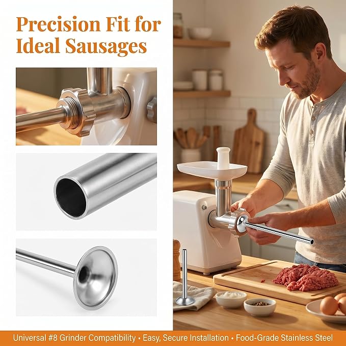 10mm Stainless Steel Sausage Stuffing Tube No.8 for Meat Grinder | 10mm stainless steel sausage stuffing tube No.8, 7.09" long. Fits manual and electric meat grinders, snack sticks use.