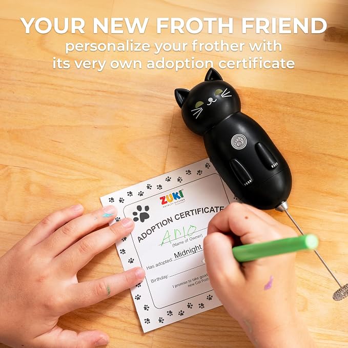 Zulay Kitchen Cat Milk Frother Wand – Cutesy Frother, Meet Your New Frothing Buddy Midnight The Cat, Adoption Papers and Stickers Included, Purrr-fect for Lattes, Cappuccino & Matcha – Black