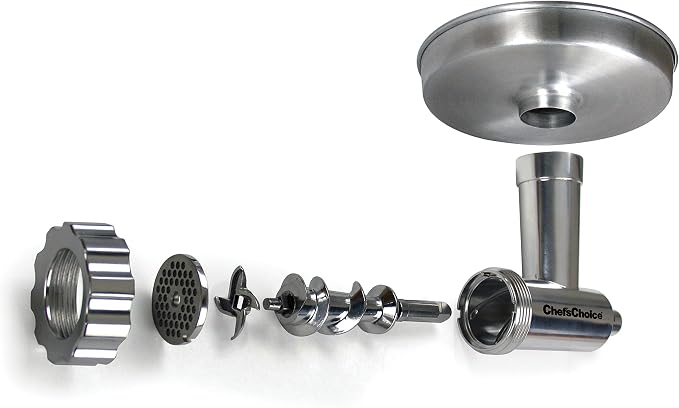 Chef'sChoice Food Grinder Attachment Premium Metal Designed for KitchenAid Stand Mixers Includes Sausage Stuffing Kit, One Size, Silver