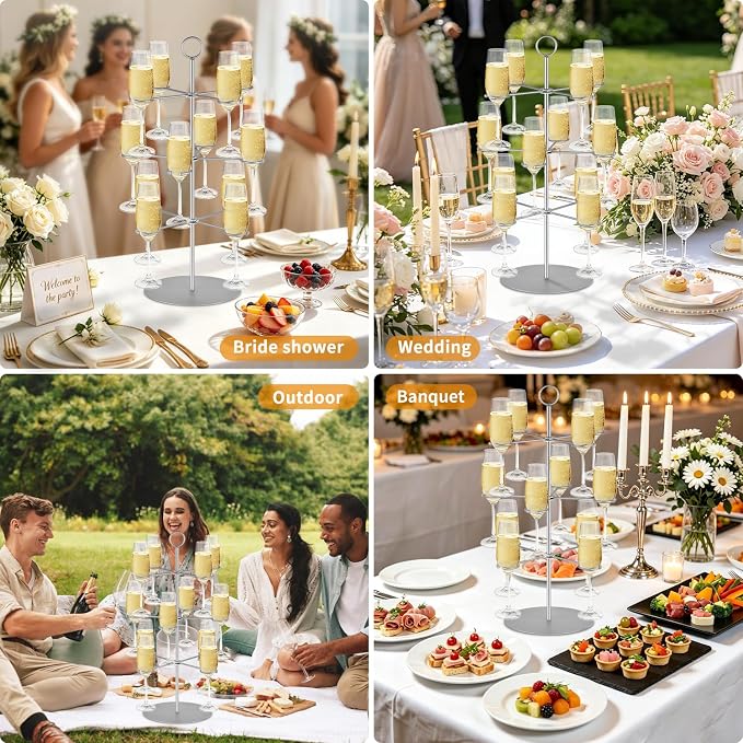 QPIX DIGITAL Cocktail Tree Stand, Metal Drink Tower, 3 Tier - 12 Holders For Champagne, Cocktails,Martini, Margarita Cups at Weddings, Bridal Shower, Mimosa Bar Parties & Events (Silver)