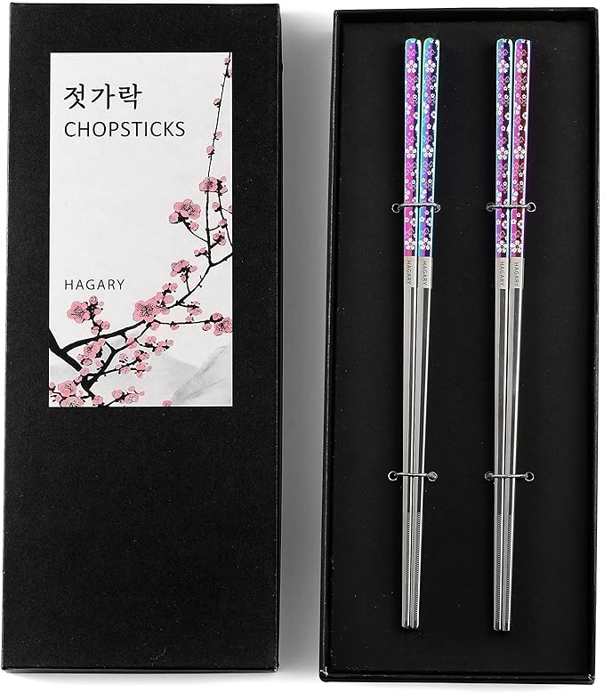 Hagary Cherry Blossom Rainbow Chopsticks Metal Chopsticks Reusable Designed In Korea Japanese Style Stainless Steel 316 18/10 Non-Slip Dishwasher Safe (2 Pairs)