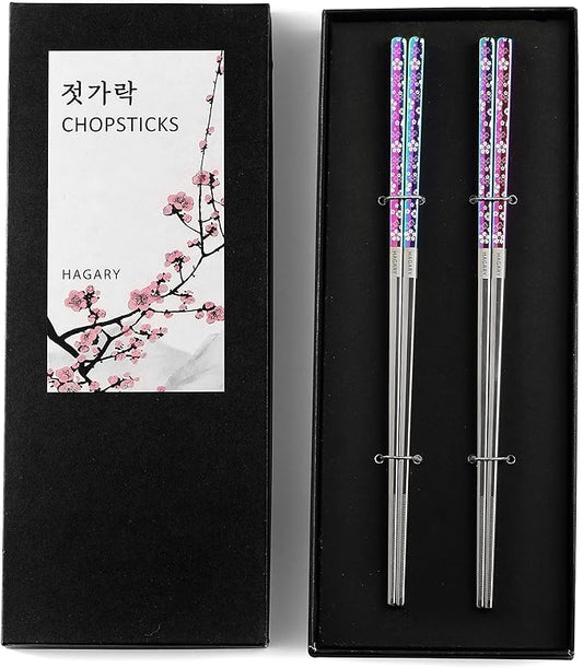 Hagary Cherry Blossom Rainbow Chopsticks Metal Chopsticks Reusable Designed In Korea Japanese Style Stainless Steel 316 18/10 Non-Slip Dishwasher Safe (2 Pairs)