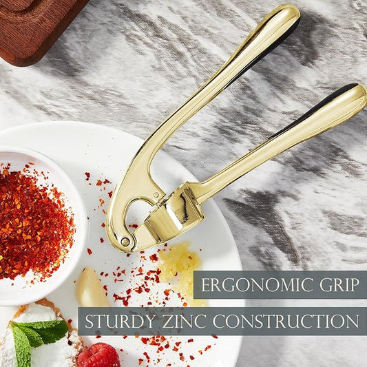 Kitessensu High Effective Garlic Press With Studs, Heavy Duty Garlic Mincer, Easy to Squeeze and Clean, Rust Proof & Dishwasher Safe, Ginger Crusher - Golden