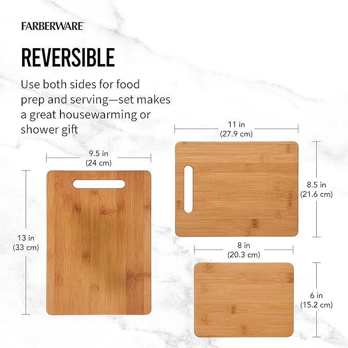 Farberware 3-Piece Wood Cutting Board Set,Reversible Chopping Boards for Meal Prep and Serving,Charcuterie Boards,Wooden Cutting-Boards with Built-in Handles,Set of 3 Assorted Sizes,Bamboo,(Pack of 3)