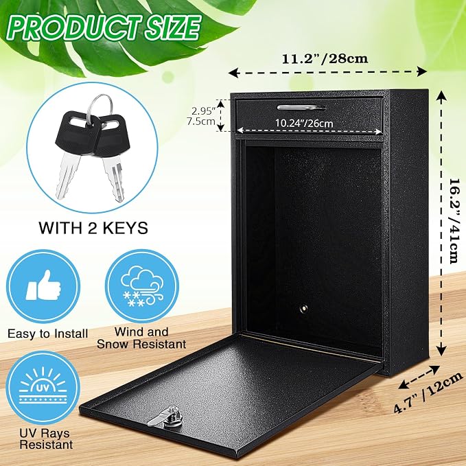 Yaocom Large Locking Mailbox with Key for Outdoor 16.2 x 11.2 x 4.7 Inches Large Wall Mount Mail Box with Lock Security Mail Drop Metal Collection Boxes Hanging Secure Postbox(Black)