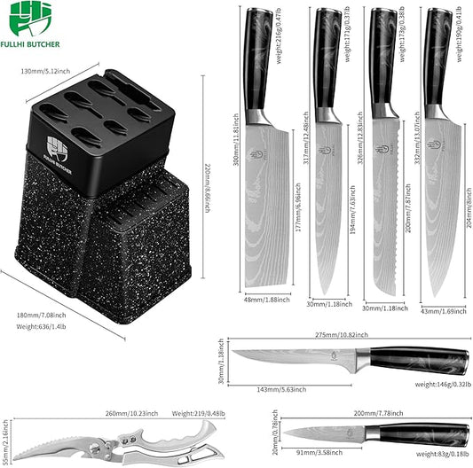 FULLHI 8pcs block Knife Set,chef's Knves Set with Block and Sharpener, Kitchen Knife Set,Multi-colour Handle, Gifts for Men Women