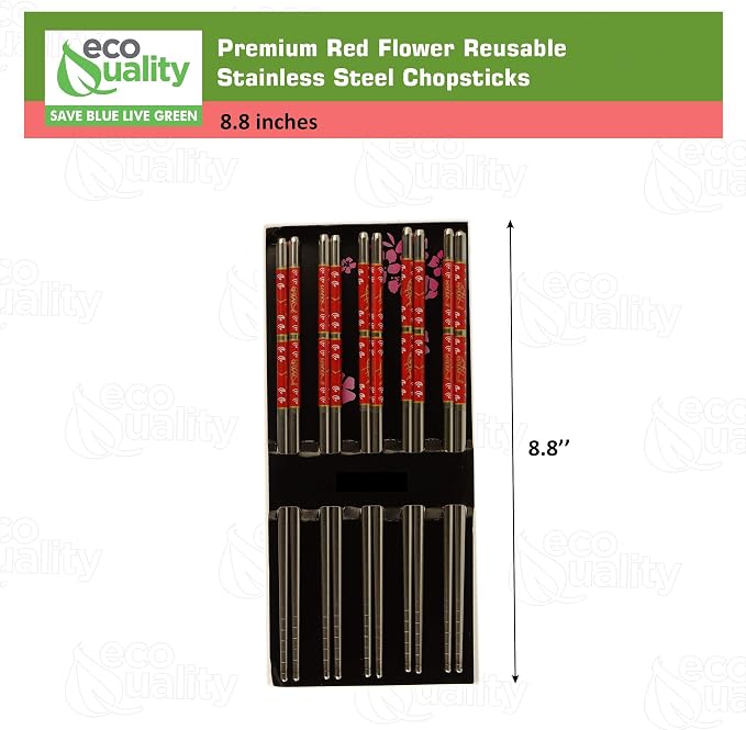 [5 PAIRS] Premium Red Flower Reusable Stainless Steel Chopsticks - Metal Stainless Steel Chopsticks Set - Great for Dinner, Kitchen, Ramen, Dishwasher Safe by EcoQuality (8.8 inches)