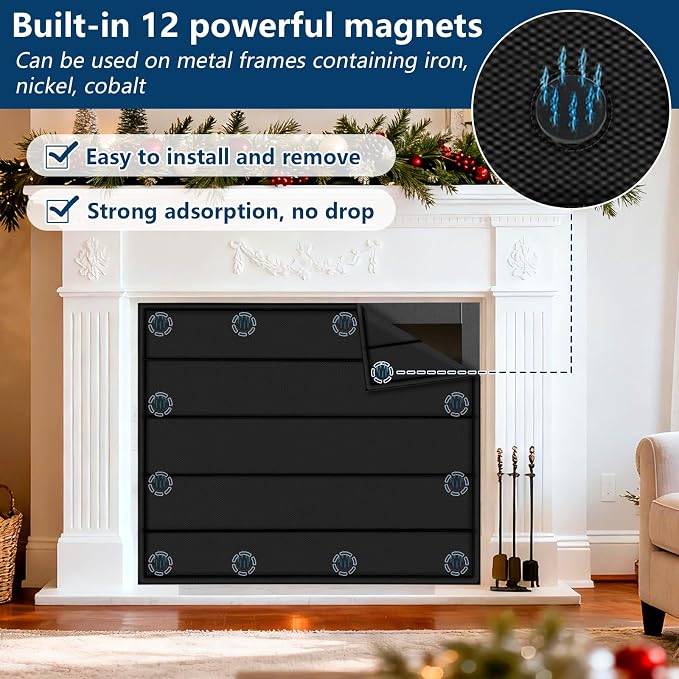 Magnetic Fireplace Blanket for Heat Loss Indoor Fireplace Covers Keep Drafts Out Stops Heat Loss Fireplace Draft Stopper with Built-in 12 Strong Magnet for Iron Fireplace Frame Fireplace Screen 39x32