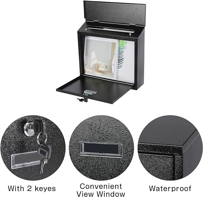 xydled Mail Boxes with Key Lock,Locking Mailbox Wall Mounted,Security Mailbox with Lock and Key,Large Capacity,Steel Cover Metal Postbox for House,14.2X 4X 12.6 Inch, Black