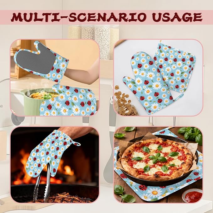 Ladybug Heat-Resistant Silicone Oven Mitts and Pot Holders 4 Piece Set,Cute Daisy Extra Long Non-Slip Kitchen Oven Gloves for Cooking, Baking, BBQ,Grilling