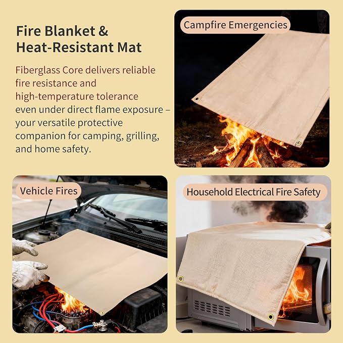 Fireproof Camping Blanket - Heat-Resistant Fiberglass Mat for Outdoor Cooking, BBQ & Emergency(Khaki 31.5" x 37.5")
