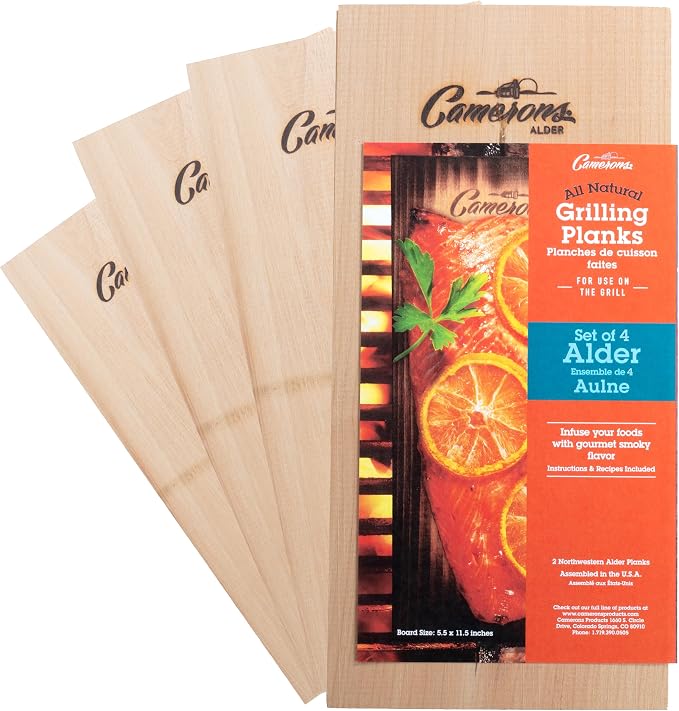 Camerons Alder Grilling Planks - 4 Pack (5.5"x11.5") - Premium Natural Alder Wood - Easily Infuse Smoky Flavor into BBQ Salmon, Fish, Pork, Veggies, and More - Sourced in the USA - Grilling Gift Idea