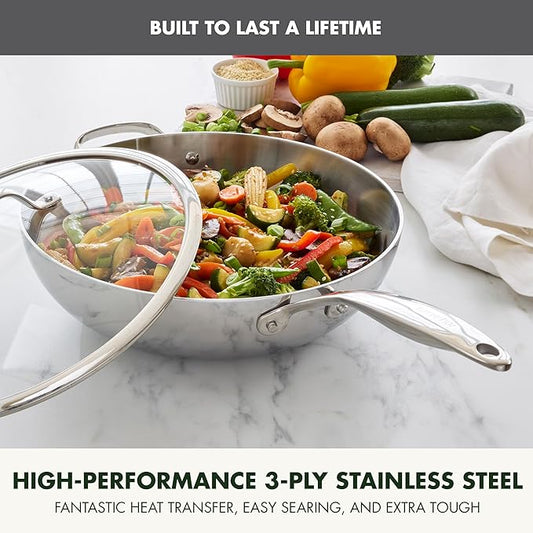 GreenPan Valencia Tri-Ply Stainless Steel 12" Wok Pan with Lid, Induction Ready Skillet, Mirror Finish, Dishwasher Safe & Oven/Broiler Safe to 600F, Compatible with All Cooktops, Silver