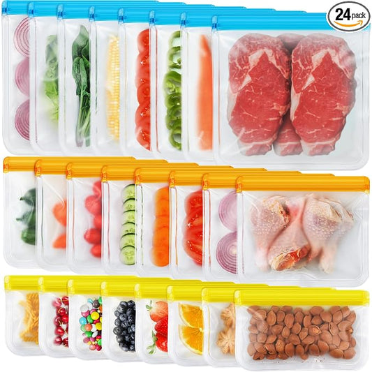 24 Pack Dishwasher Safe Reusable Silicone Bags - Leakproof Freezer Bags, BPA Free Food Storage for Lunch, Marinate, Travel - 8 Gallon, 8 Snack, 8 Sandwich Bags