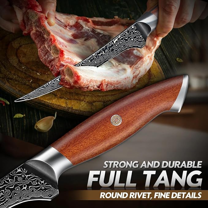 Freelander Damascus Fillet Knife with Wood Handle for Fish, Meat & Poultry | Razor Sharp 7" Filet Knife with Comfortable Grip, Mosaic Pin Design, Ideal for Skinning, Deboning & Slicing, Gifts for Men