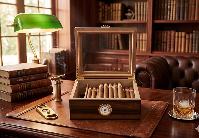 Cigar Humidor - Holds 25-50 Cigars - Spanish Cedar Wood - Tempered Glass Top Display - Metal Handle, Divider, Humidifier, Hygrometer - Santos Rosewood