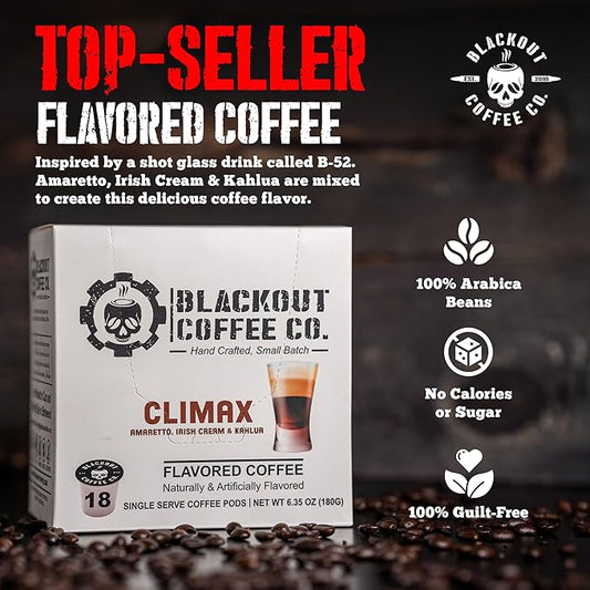 BLACKOUT COFFEE CLIMAX Amaretto, Irish Cream & Kahlua Flavored Coffee Pods – Premium Arabica, Smooth Taste, Guilt-Free Indulgence – 18 Count Single Serve Coffee Pods, American Made