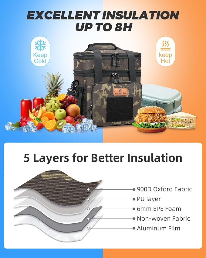 HSHRISH Expandable Large Tactical Lunch Box for Adults, Durable Insulated Lunch Bag with Lots of Storage Space, Cooler Bag for Men Women Work Outdoor Picnic Trip, 16 L, Black